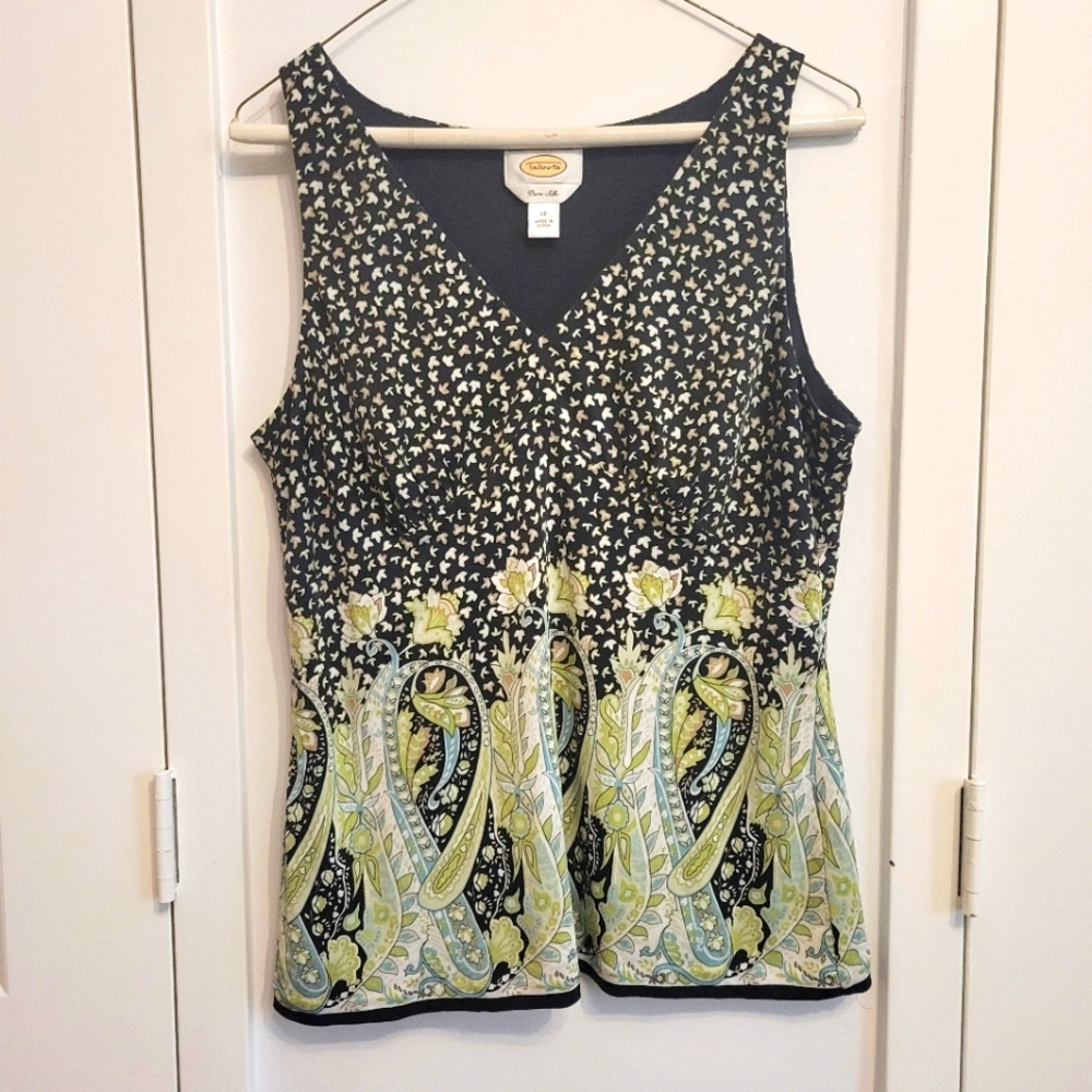 Talbot Black and  Green Fitted Pasley Tank Top - Pure Silk